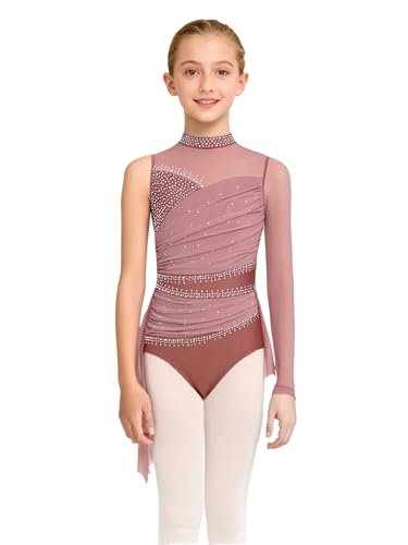 TiaoBug Vestido De Danza Ballet para Niña Maillot Patinaje Artístico De Manga Larga Traje De Competición Actuación Rosa empolvado 9-10 años