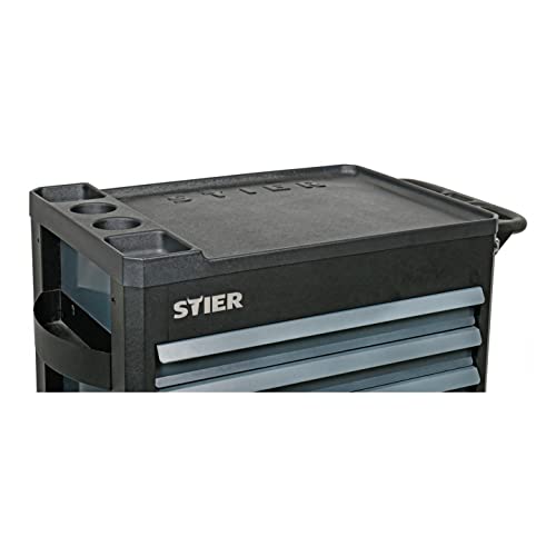 STIER Werkstattwagen Premium, leer und unbestückt, mit Kunststoffabdeckung, Schubladen mit Soft Close Funktion, 6 Hängefächer, Gummi-Rollen mit Bremsen, Zentralverriegelung, Montagewagen, max. 500kg – Bild 8