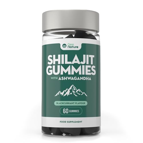 Shilajit Gummies con Ashwagandha - Sabor Grosella Negra - 60 Gominolas Veganas con Vitamina B6, B12 y Zinc, Energía & Refuerzo Inmunológico - Shilajit Puro del Himalaya para Hombres y Mujeres