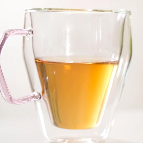 Image of Nestasia Double Wall Borosilicate Glass Mugs Set of 2 (250ml Each) - Microwave & Dishwasher Safe Transparent Glass Tea Cups with Pink Handles | Food Safe & Durable Coffee Mugs - Ideal for Gifting