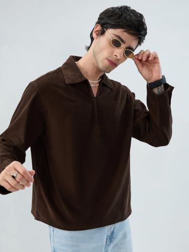 Image of VASTRADO Carob Brown Corduroy Cuffless Oversized Shirt