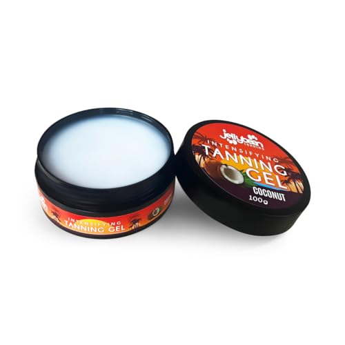Jellybean Tanning Gel intensificante de 100 g, aroma de coco, acelerador de bronceado para tumbonas y exteriores con manteca de cacao, aceite de coco y vitamina E, logra un bronceado natural profundo
