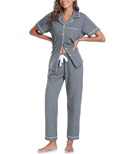Image of CF Womens 100% Cotton Pajamas Set Button Down Pjs Sets Short Sleeve Top & Long Pants Sleepwear Comfy Loungewear with Pockets