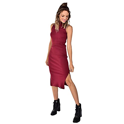 Vestido Midi Brohood Gola Alta Canelado Vinho P