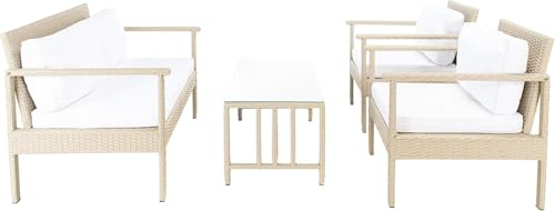 Image of Amazon Brand - Solimo Zeno Outdoor Sofa Set || Balcony Sofa || Patio Furniture Sets || Indoor Sofa|| Wicker Rattan Garden Sofa Set with Cushion and Center Table, 4 Seater (White-Beige)