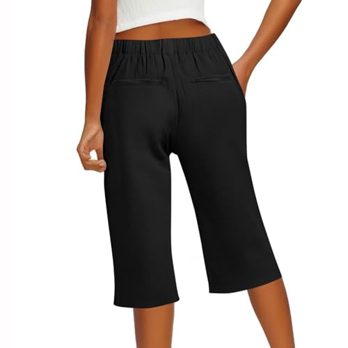 Women's Cotton Linen Capri Pants Wide Leg Knee Length Bermuda Shorts Cropped Lightweight Beach Trousers with Pockets3