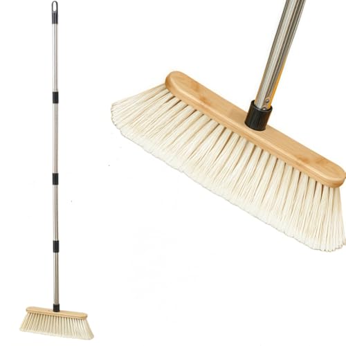 Stainless Steel Handle Soft Bristle Broom - Indoor and Outdoor Universal for Kitchen, Bathroom and Home Use