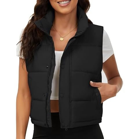 Fengbay Womens Puffer Vest Sleeveless Zip Up Puffy Cropped Vests Stand Collar Vest Lightweight Bubble Quilted Vest Trendy 2024 Fall Winter Black S Cover