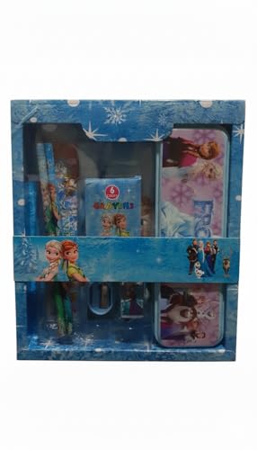 Image of Frozzen Stationary Kit with 1 Pencil Box Case 2 Pencils 6 Crayon Colors 2 Space Gel Pen 1 Ruler Scale Eraser Sharpener Kit for Kids (Character As Per Available)