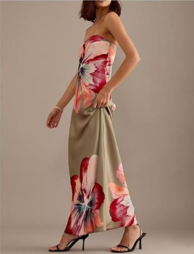 Image of Women Floral Strapless Maxi Dress Y2K Bodycon Tube Long Dresses Sexy Party Formal Cocktail Beach Slit Dress