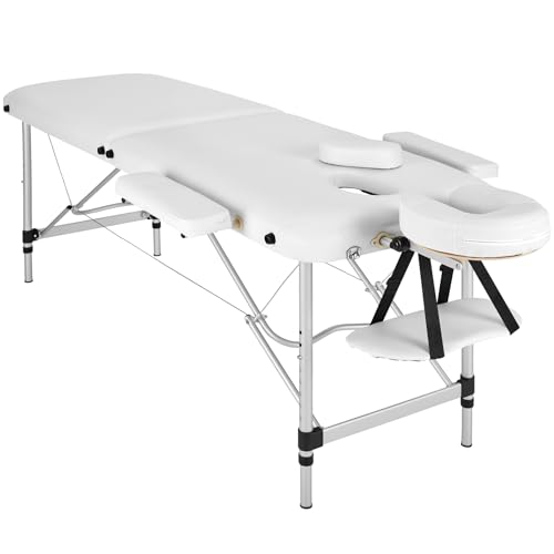TecTake® Camilla Masaje Plegable, Camilla Profesional Fisioterapia, Quiromasaje, Tatuajes, Reiki, Camilla Estética Profesional de Aluminio, Ajustable en Altura, 2 Zonas, con Bolsa Transporte - Blanco