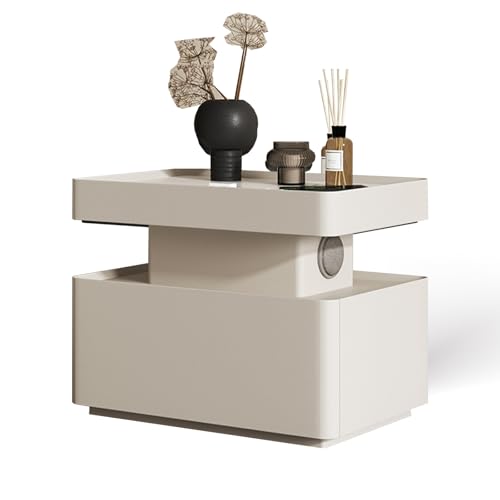 Smart Night Stand,wood Nightstand,Bedroom Smart Nightstand Speaker,night Stand with Wireless Charging,Modern Simple Bedside Table,with Storage Drawer, Bed Side Tables Bedroom Set of 2(Warm White)