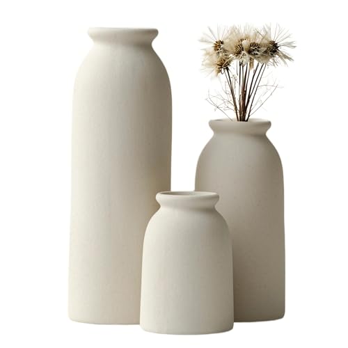 Ceramic Vase Set Set of 3 Home Decorative Flower Vases Modern Decor Pampas Grass Vase Dried Flowers Vases for Living Room Desk Shelf Decor (Beige L)