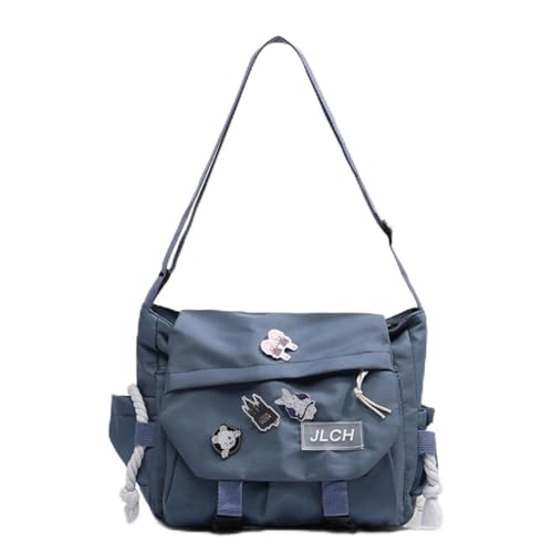 CHENXIAOHONG Bolsa mensageiro feminina grande com alça transversal, estilo escolar, com patches e opção com ursinho – bolsa de ombro espaçosa para faculdade e dia a dia.(Azul + borda)