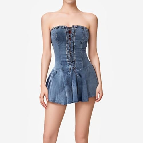 Image of Sexy Tube Denim Dress Corset Strapless Ruffled Hem Jean Mini Dress