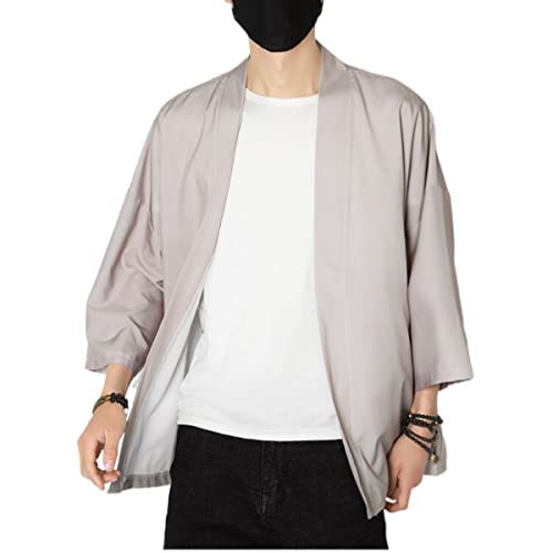 Men\'s Japanese Haori Jacket Kimono Noragi Cardigan 3/4 Sleeve Casual Happi Coat M1-Khaki X-Large