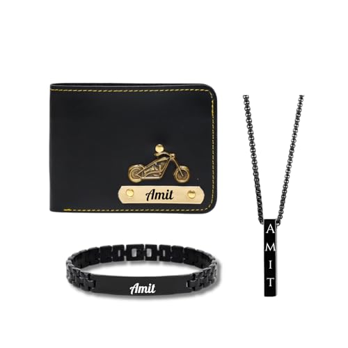 Image of Thebaegift Personalized Leather Men's Customised Wallet with Braclet and Pendent | Customizable with Name | Unique Birthday Gift for Men Boy Love Husband Employees Clients (3 pcs Combo)