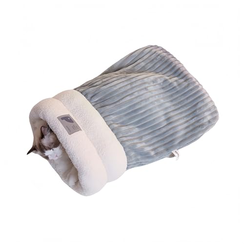 ふわふわペット用スリーピングバッグ|秋冬の寒さ対策やエアコン対策に最適で、猫、小型犬、ウサギ、フクロモモンガ、ハムスター、オウムなど、様々な小動物に最適です。ブランケット、寝具、休憩マット、ペットのハウスとしても使える万能デザインです (グレー, M)