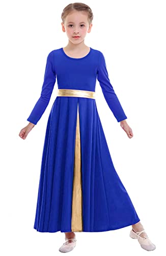 Z&X Girls Praise Dance Dress Full Length Wide Swing Skirt Long Sleeve Liturgical Worship Church Robe Lyrical Dancewear Tag 140, Royal Blue