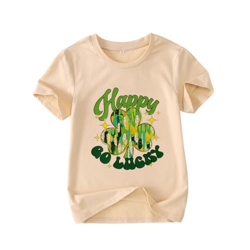Image of MODNTOGA Kids Girls St Patricks Day Shamrock Graphic T-Shirt Happy Go Lucky Print Shirt Green Clover Short Sleeve Tee Tops (Beige, 8-9 Years)