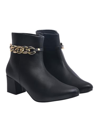 Image of Shoetopia Women's Synthetic Leather Ankle Boots - Stylish Block Heel Zip Closure Boots with Golden Buckle Detail for Casual & Party Footwear