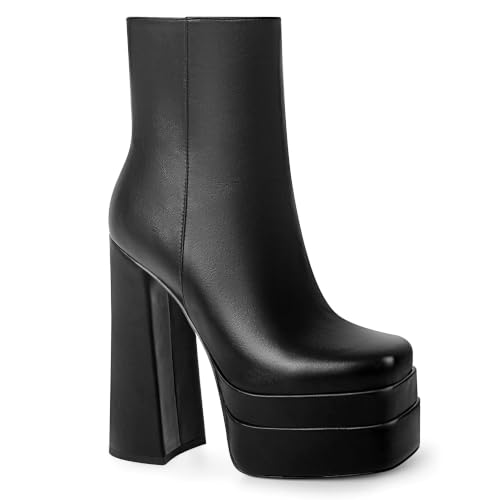 Image of ANN CREEK Women's Double Platform Ankle Boots Chunky Heel Booties Side Zipper Square Toe High Heel Casual Boots