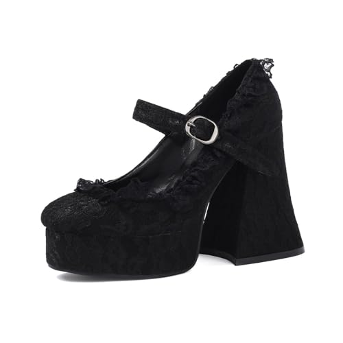 Women's Chunky High Heel Mary Janes Gothic Shoes Lace Flower Heels Goth Platform Dress Shoes for Women