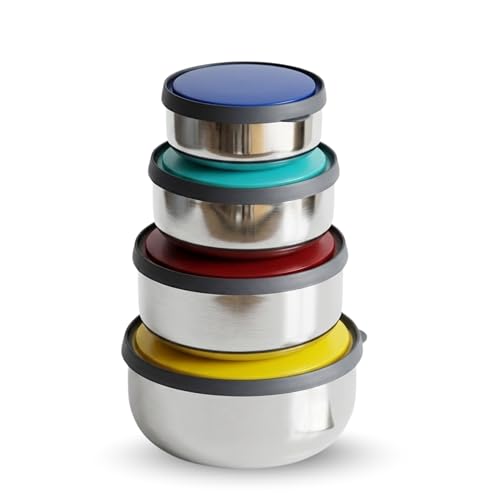 Image of Swiss Airtight Stainless Steel Bowl Set, 4 Piece, with Colourful Lids, 12, 14, 16, 18 cm