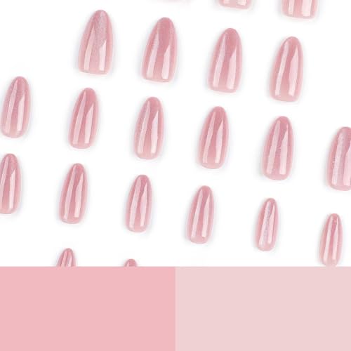 Image of Pink Glitter Press on Nails Shiny Fake Nails Medium Almond False Nails with Design Glossy Glue on Nails Artificial Acrylic Nail Stick on Nails for Women Girls Manicure 24Pcs