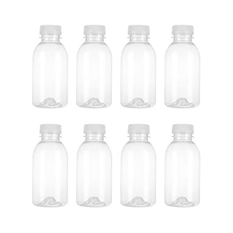 JanJean Empty Juice Bottles with Lids Clear Plastic Soft Drink Containers for Orange Apple Lemon Juice Milk Smoothies Homemade Beverages Transparent 8 350ml Cover