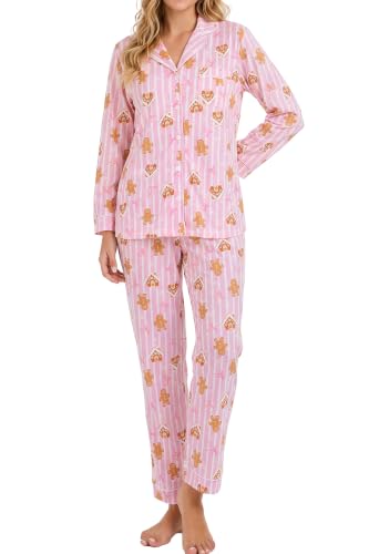 Image of LUBOT Christmas Pajamas for Women 100% Cotton Pajama 2 Piece PJ Set Soft Long Sleeve Button Xmas Print Loungewear XS-XXL