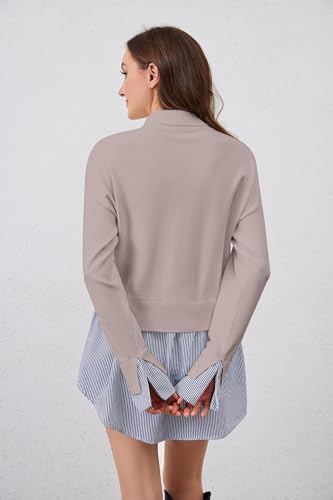 Image of MISSACTIVER Women Slit Turtleneck Patchwork Sweater 2 in 1 Buttons Down Pullover Knit Sweater Asymmetrical Hem Shirt Top