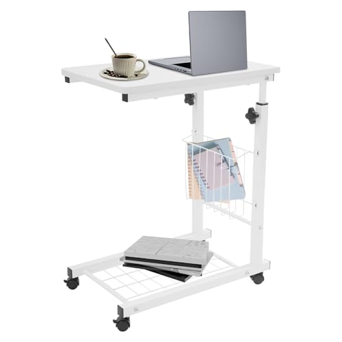 CNCEST Adjustable Bed Side Table, 2 Tiers Side Table with Wheels, C-Shaped Mobile Standalone Tables for Restaurants, Living Rooms, Studies, Kitchens (Pure White)