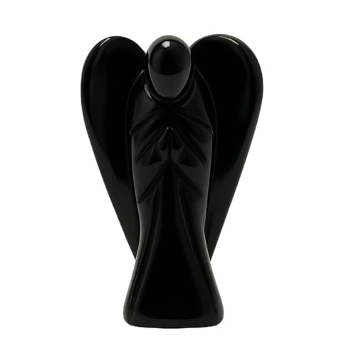 ANAYA AGATE Black Obsidian Angel Statue – 2" Certified Gemstone Guardian Angel – Natural Crystal – Hand-Carved Angel Charms for Protection, Wealth, Luck & Positive Energy – Angel Figurines Decor