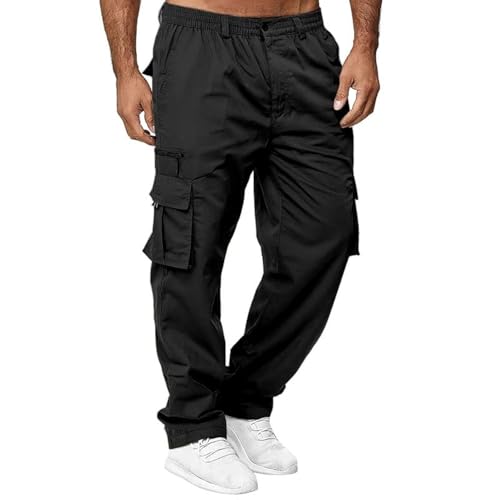 THWEI Mens Cargo Pants Casual Cotton Jogger Multi Pockets Outdoor Hiking Work Sweatpants Black 3XL