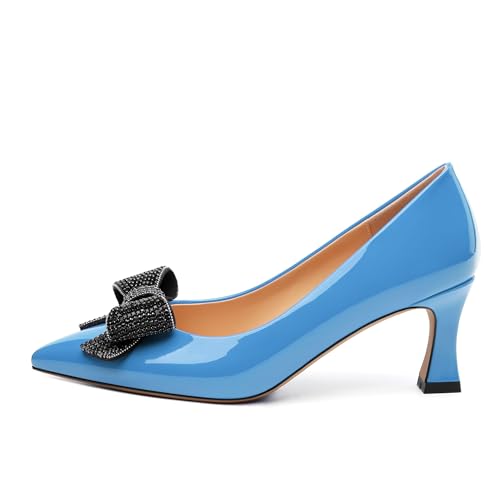Image of Heels for Women Closed Patent Pointed Toe Bow Pumps Slip on Kitten Low Heels Wedding Party Dress Office Shoes 2.5Inch