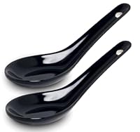 White and black Series ASIATICA | Porzellan-Löffel-Set Asien | 13 cm - Reis-Löffel - Suppen-Löffel, Servier-Löffel, Dessert-Löffel - Spoon-Set Ramen (2er Set schwarz)