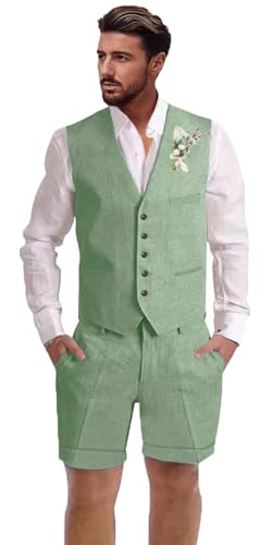 Dsteng Herren-Leinenanzug, 2-teilig, Kurze Anzüge für Herren, lässig, Sommer, Strand, Hochzeit, Anzug, Leinenweste, Shorts-Set, Salbeigrün, L