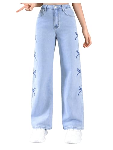 GORGLITTER Girl's Baggy Bow Jeans Wide Leg Loose Straight Leg Denim Pants Y2k with Pockets 8-12Y