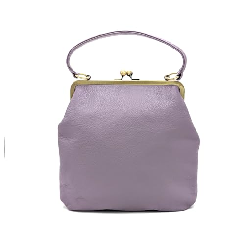 Taschenkinder Lederhandtasche mit Bügelverschluss – Modell Zoe, Henkeltasche und Schultertasche aus echtem Leder für Damen. (Lila)