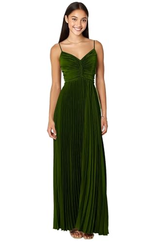 Satin V Neck Bridesmaid Dresses for Women with Pleated Long Spaghetti Straps Prom Dress A Line Formal Evening Gown