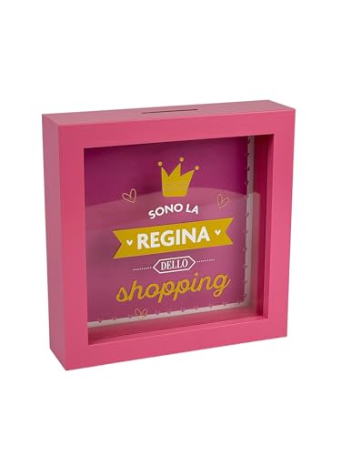 Immagine prodotto: Salvadanaio Decorativo 'Regina dello Shopping', Rosa, 16x16 cm, Cornice con Fessura per Monete