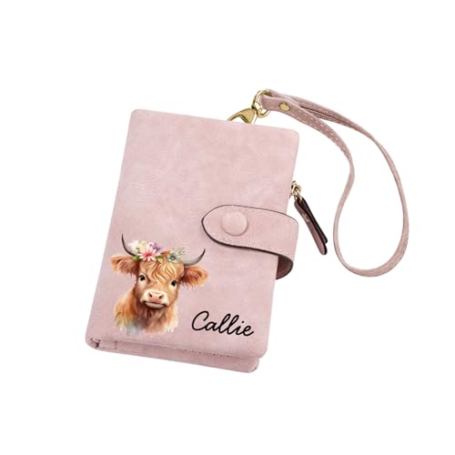 callie Personalized Highland Cow Wallet for Women Girls, Custom Name Leather Floral Wallet Card Holder Purse, Christmas Birthday Gifts for Highland Cow Lovers