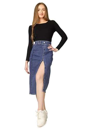 Image of Western Straight Stylish Comfortable Long Two Button Up Slit Dobby Denim Skirt for Women & Girls