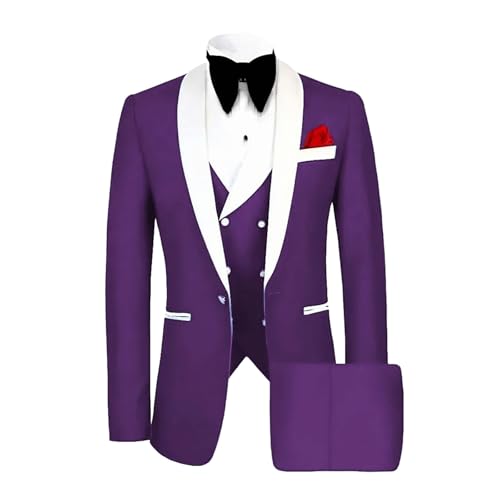 Men Classic Tuxedo 3 Pieces Blazers Vest Pants Fitted Jacket One Button Shawl Lapel Wedding Prom Set Purple