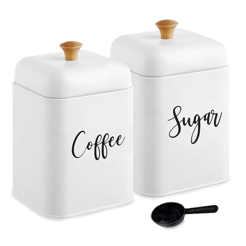viering Set de 2 Botes de Cocina para Café y Azúcar con Tapas Herméticas – Incluye Cuchara Medidora – Recipientes Metálicos Vintage Blancos para Almacenamiento de Alimentos y Decoración de Cocina