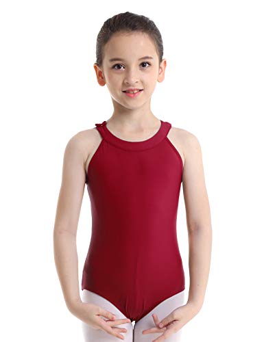 Agoky Kids Big Girls  Ballet Dancewear Leotard Gymnastics Sleeveless Halter Floral Lace Back Camisole Bodysuit Burgundy 12-14