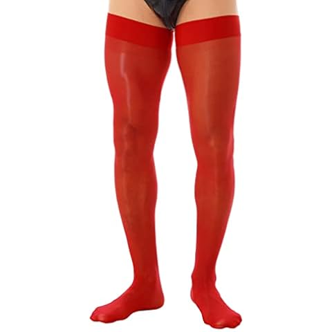 Choomomo Men Sissy Oil Glossy Stockings Elasticity Thigh High Silk Long Stockings Pantyhose Lingerie Red B One Size Cover