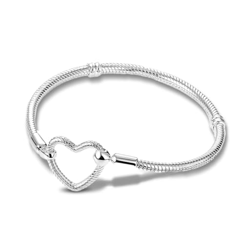 925 Sterling Silver Snake Chain Bracelet,Compatible with Pandora Charms Pendant,Heart Shape Bracelet Clasp for Womes Jewellery Gift