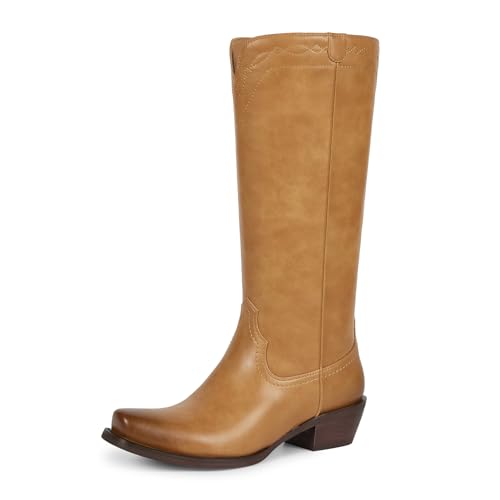 Image of wetkiss Women's Pointed Toe Cowboy Boots | Knee High Cowgirl Boots, Retro Embroidery, Chunky Heel, Pull-On, Style for a Classic Western Look,Stable and Comfortable